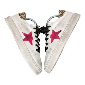 Golden Goose Hi Star - Pink Star, White Leather, Leopard Trim - Size 39